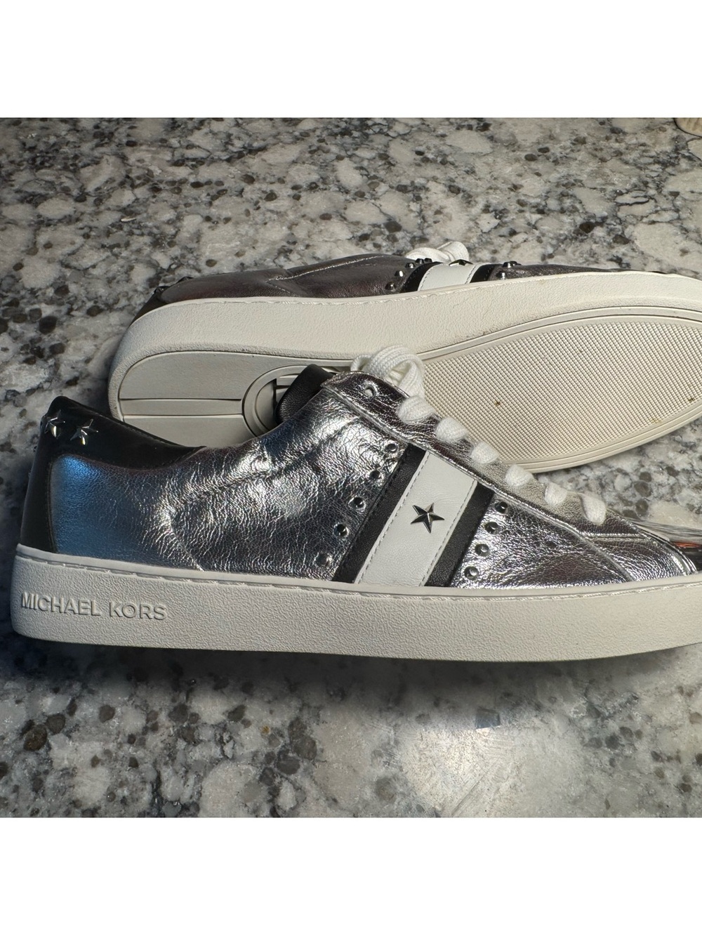 Michael Kors Frankie Metallic Silver Low-Top Sneakers with White Stripe